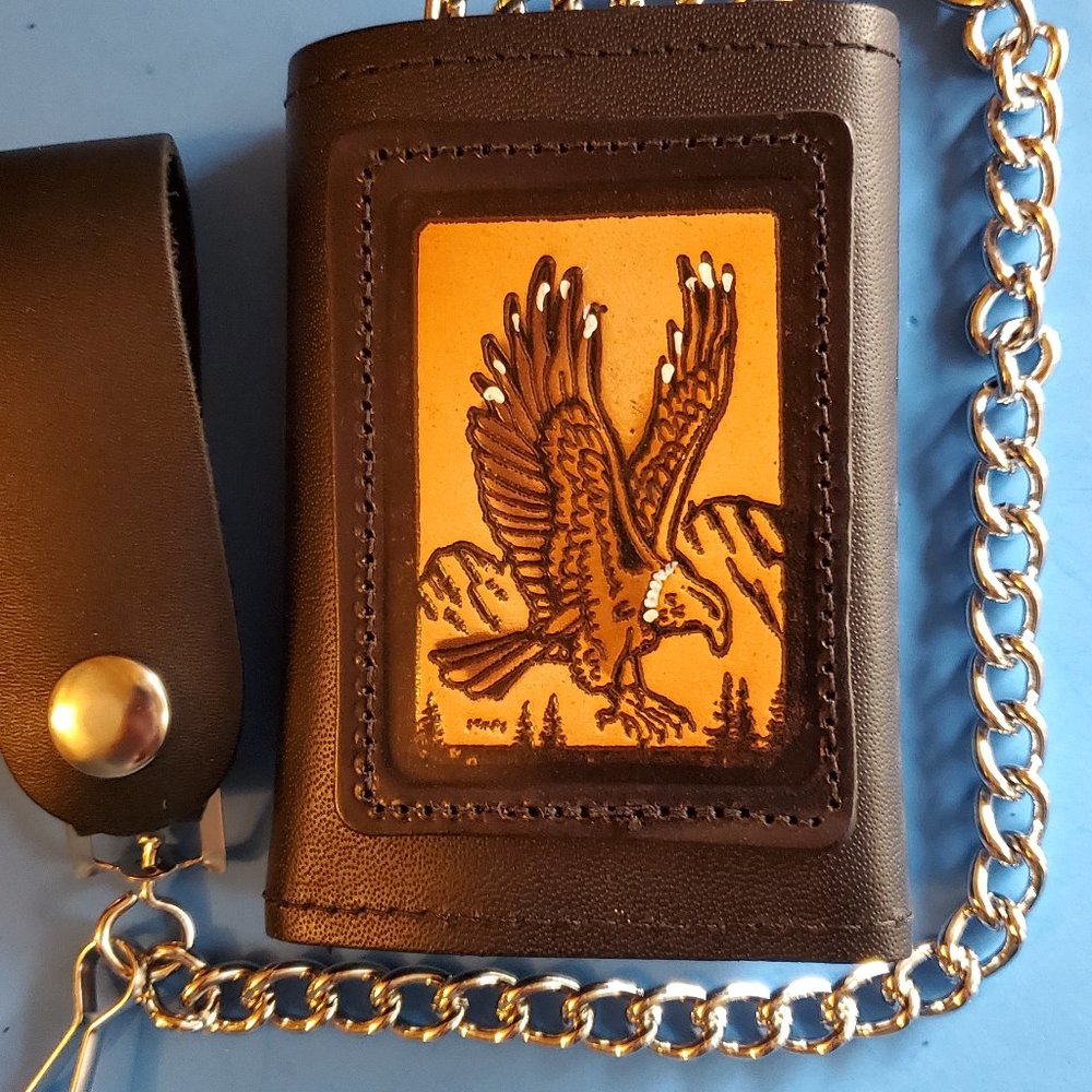 Genuine Leather EAGLE Design Chain Tri-Fold Wallet